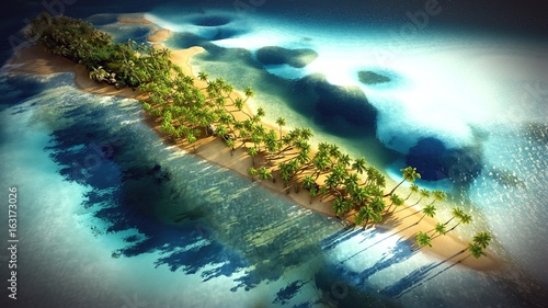 Small tropical island in Maldives atoll from aerial view 3d rendering