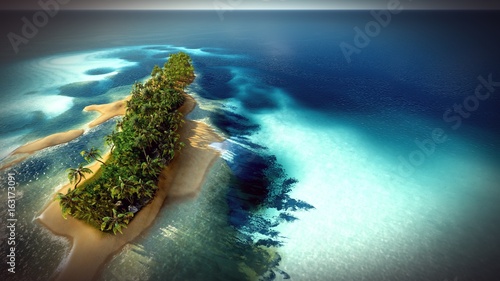Фотография Small tropical island in Maldives atoll from aerial view 3d rendering