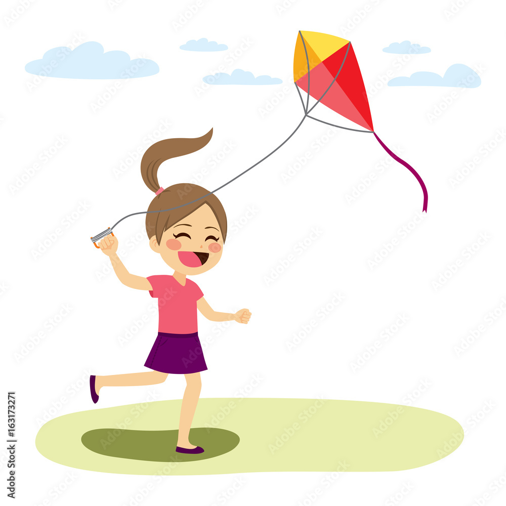 Beautiful young cute girl flying colorful kite playing outdoors