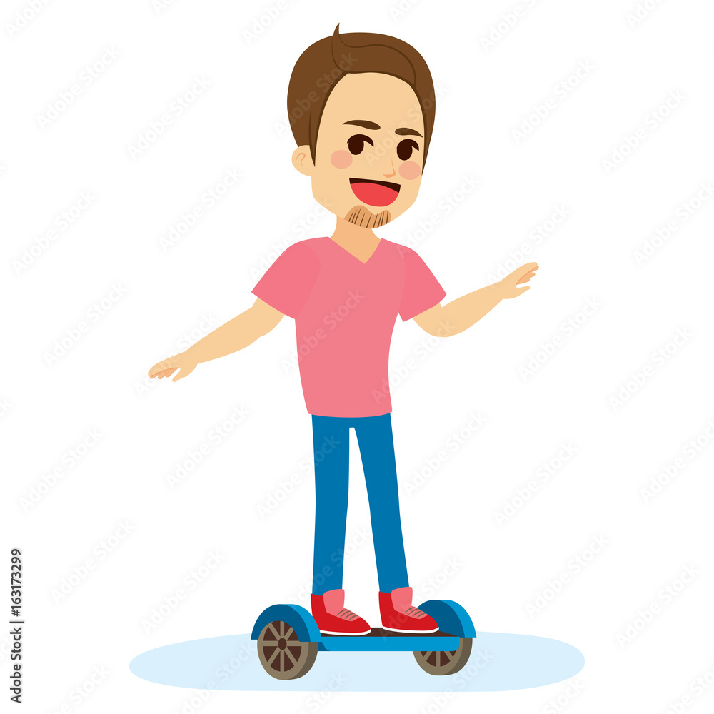Young man standing riding on self balancing electric scooter