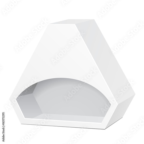 White Die Cut Box Cardboard Hexagon Triangle Carry Box Bag Packaging With Window For Food, Gift Or Other Products. On White Background Isolated. Ready For Your Design. Product Packing Vector EPS10