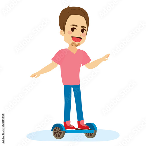 Young man standing riding on self balancing electric scooter