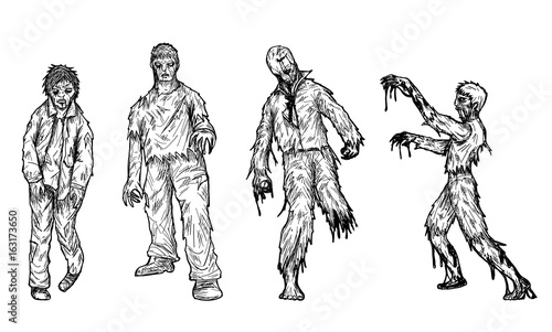 Set of zombie by hand drawing.Zombie vector in halloween.Dead man walking in graveyard.