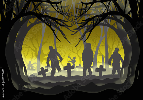 Halloween zombie in graveyard.Dead man vector with black tree.