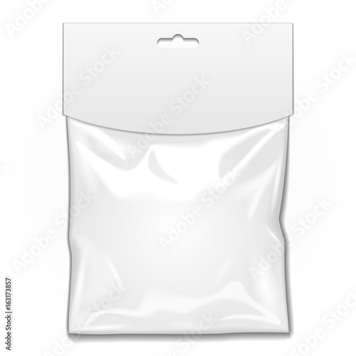 White Blank Plastic Pocket Bag. Transparent. With Hang Slot. Illustration Isolated On White Background. Mock Up Template Ready For Your Design. Vector EPS10