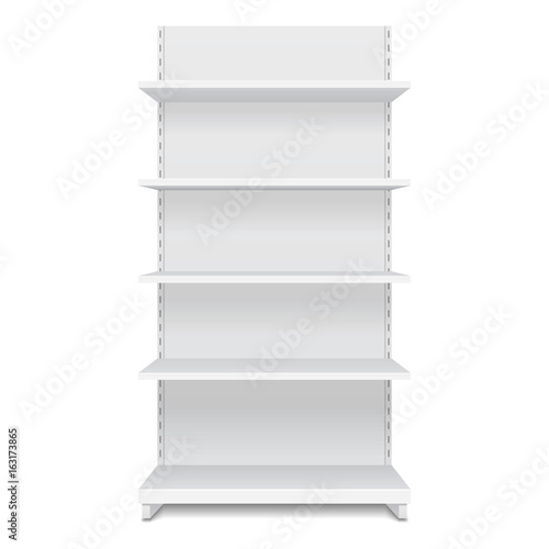 White Blank Empty Showcase Display With Retail Shelves. Front View 3D. Illustration Isolated On White Background. Mock Up Template Ready For Your Design. Product Packing Vector EPS10