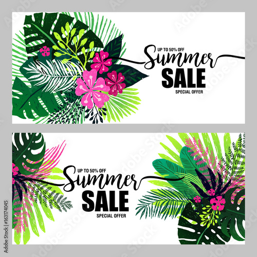 set of poster summer sale on a trendy tropical background, exotic palm bouque...