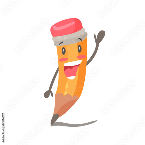 Funny cartoon humanized smilng pencil waving hello character vector Illustration