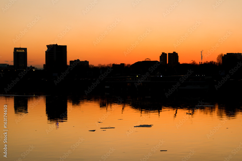 Moscow city silhouette with the Bisness center on shore