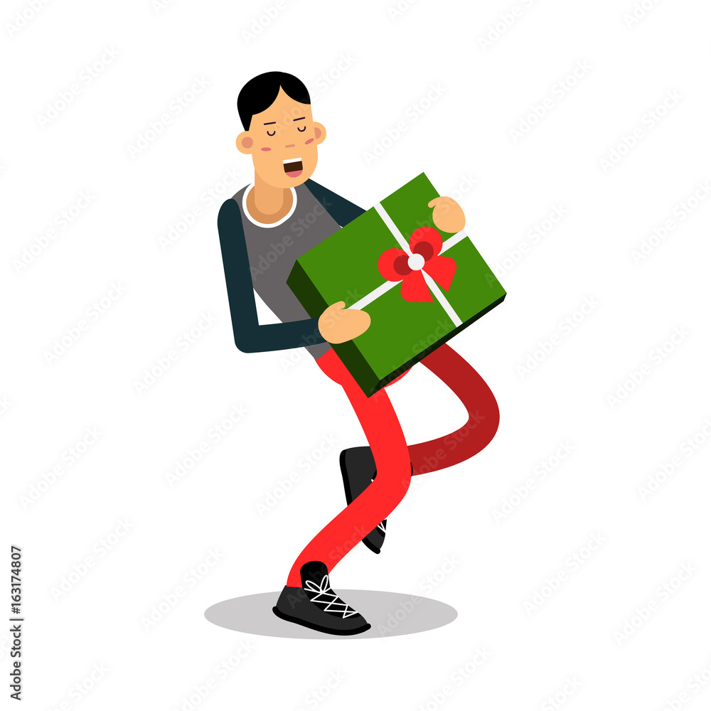 Young smiling man carrying a heavy green gift box cartoon character vector Illustration Young smiling man carrying a heavy green gift box cartoon character vector Illustration