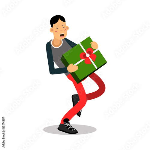 Young smiling man carrying a heavy green gift box cartoon character vector Illustration