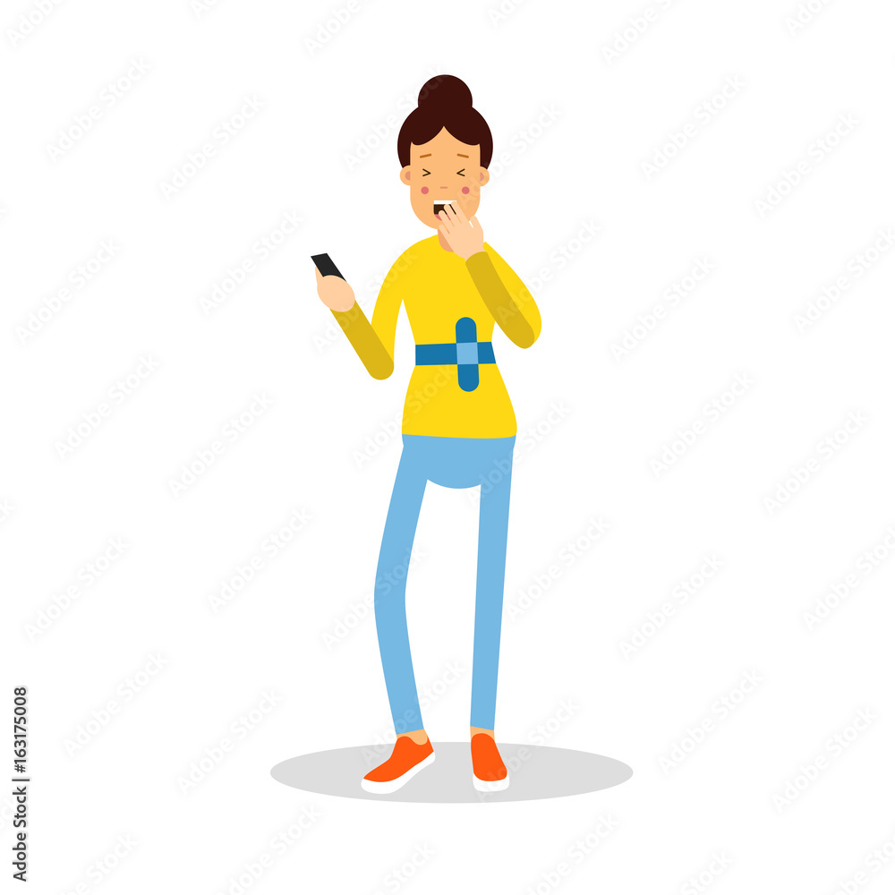 Beautiful young woman standing with mobile phone and laughing cartoon character vector Illustration