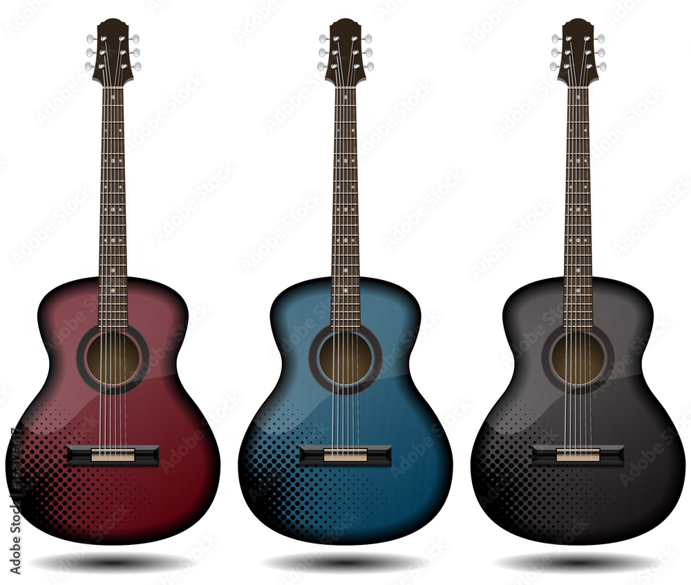 Obraz premium Guitar set isolated on white background. Classic guitar for Your business project. Black and red and blue wooden guitars. Vector Illustration