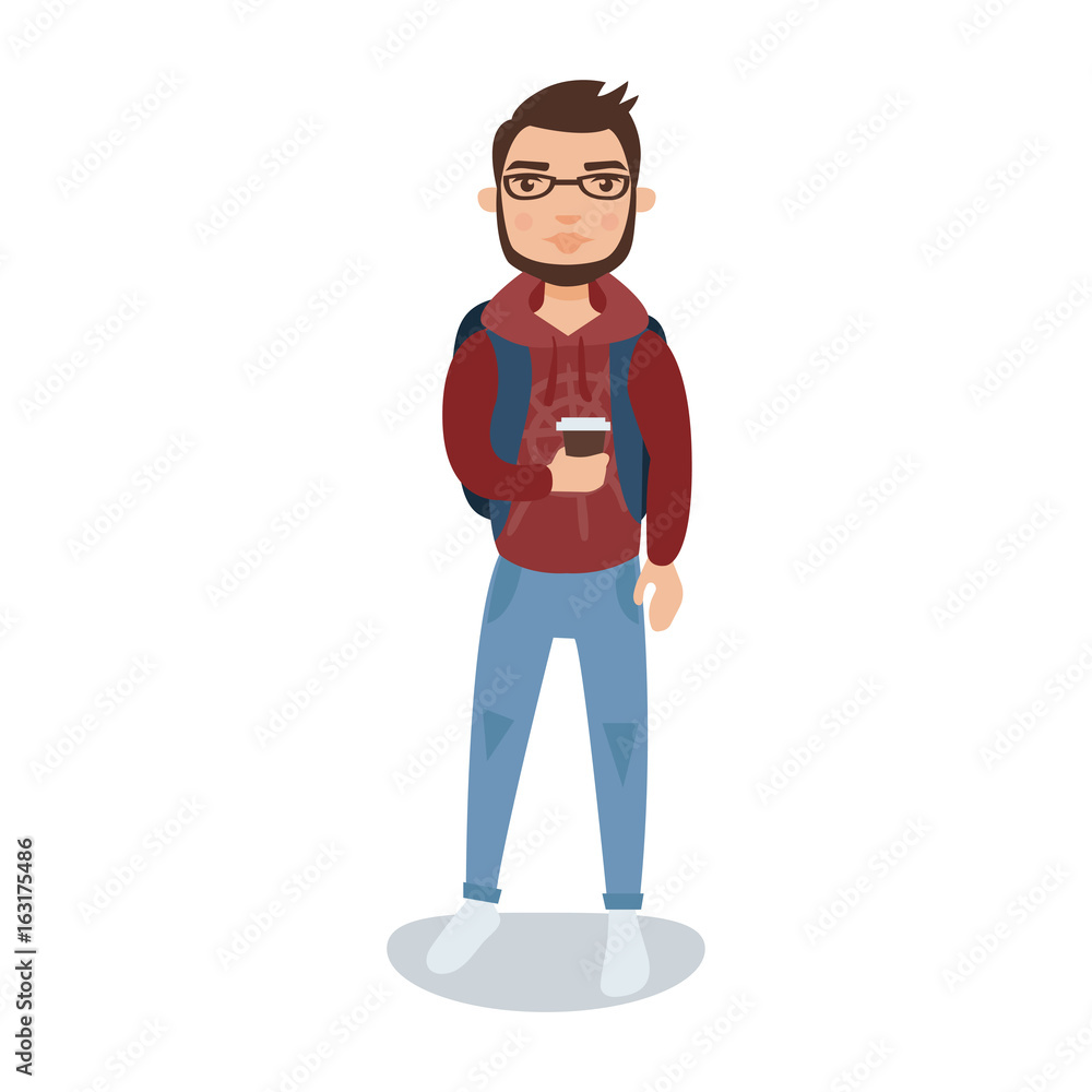 Bearded guy in a hoodie standing with a cup of coffee in his hands cartoon character vector Illustration