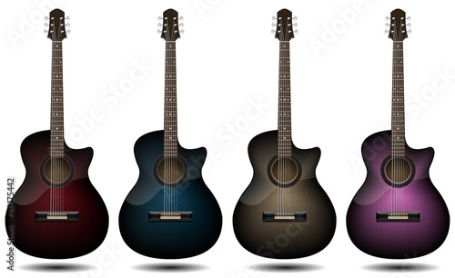 Guitar set isolated on white background. Classic guitar for Your business project. Black, red, blue, brown and pink wooden guitars. Vector Illustration