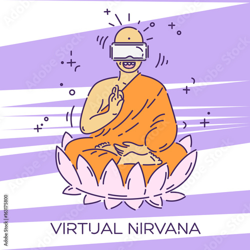 Monk in virtual reality glasses. VR headset advertising concept. Virtual nirvana. Dotted line vector illustration
