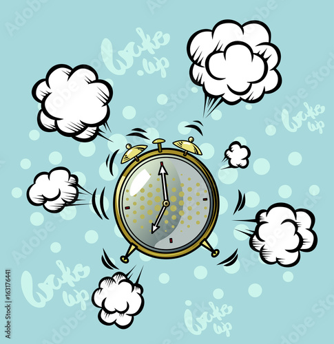 Retro illustration of clock alarm with text 'wake up'. Time. Cartoon.