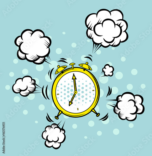 Cartoon illustration of clock alarm with clouds. Retro poster. Wake up. Time.