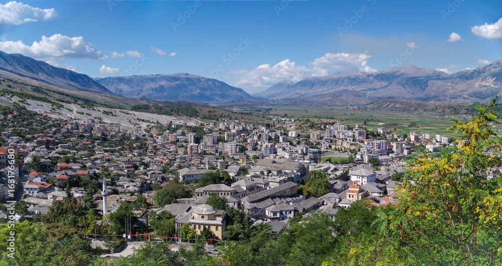 Panorama of Gjirokaster from the Castle. Nature and travel. Albania, Gjirokaster - UNESCO World Heritage.