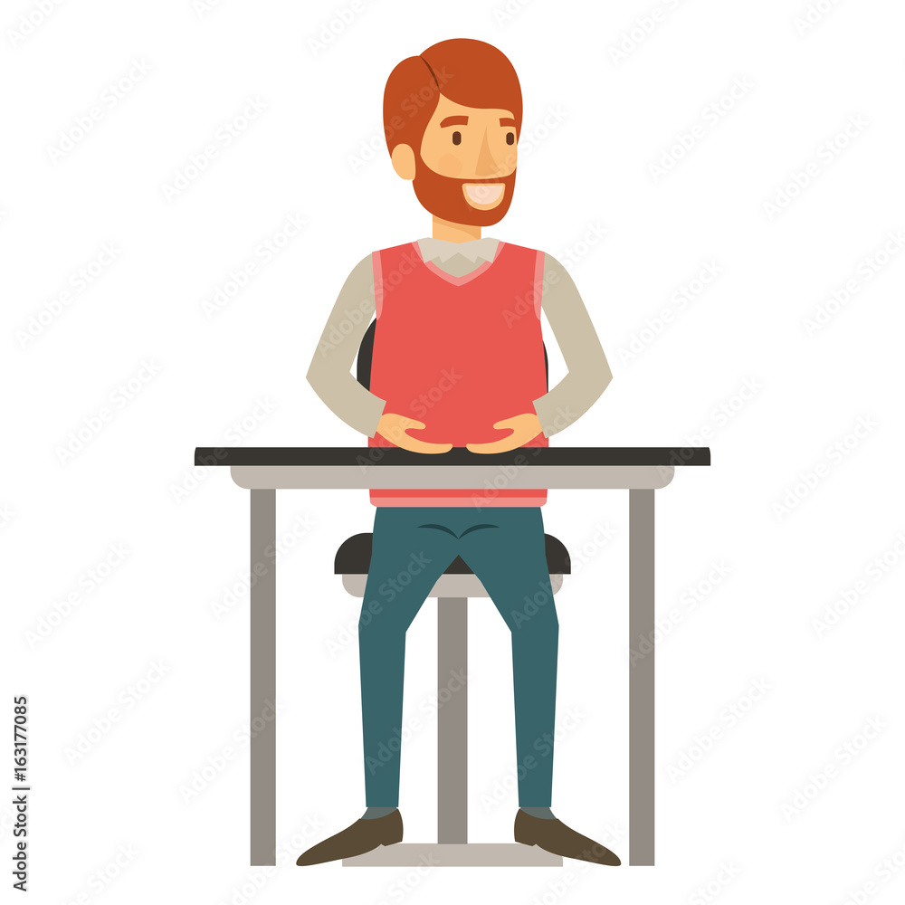 colorful silhouette of man with beard in formal clothes and red hair and sitting in chair in desktop vector illustration