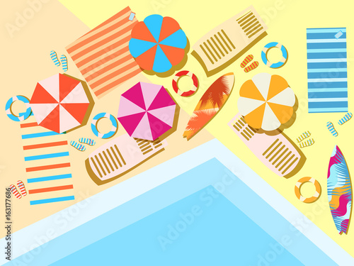 Swimming pool, top view. Sunbeds and umbrellas from the sun, rest at the pool. Vector illustration