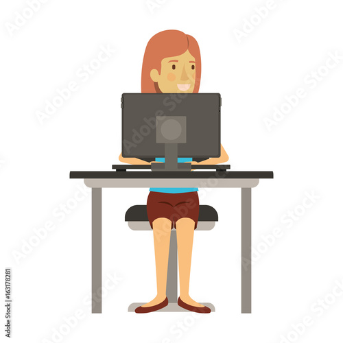 colorful silhouette of woman with short hair and sitting in chair in desk with computer vector illustration
