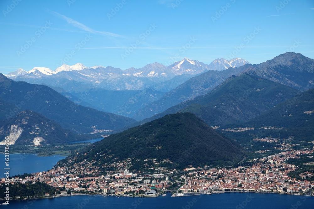 Panoramic view from Mount Sasso del Ferro in Laveno to the landscape of Lake Maggiore, Italy