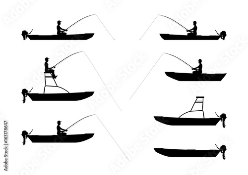 Silhouettes of anglers and boats type Jon. Side view. Flat vector.