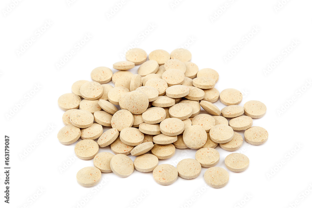 Tablets nutritional supplements vitamins on white background. Tablets nutritional supplements vitamins on white background.
