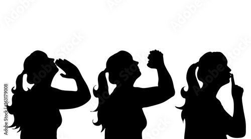 Vector silhouette of woman who prays on white background.
