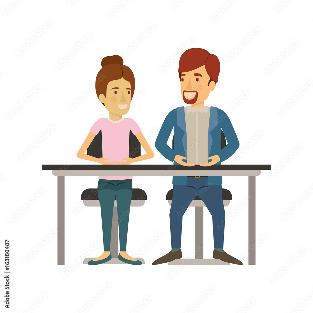 white background with teamwork of woman and man sitting in desk and her with collected hair and him in casual clothes with van dyke beard vector illustration white background with teamwork of woman and man sitting in desk and her with collected hair and him in casual clothes with van dyke beard vector illustration