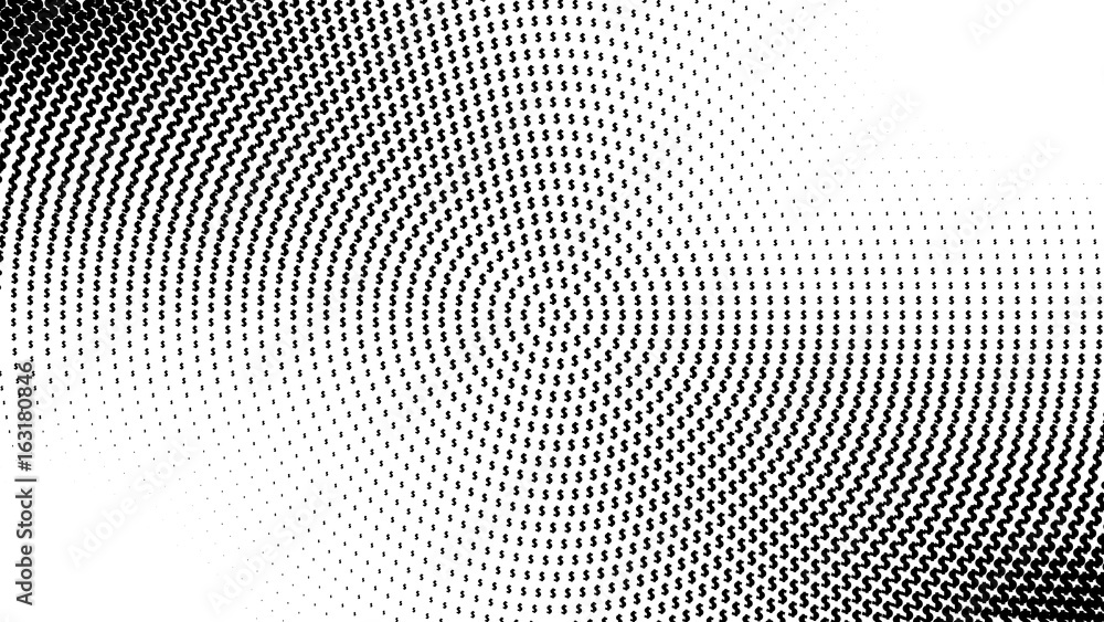 Abstract halftone pattern texture, dollar. Background is black and white. Vector modern background for posters, sites, business cards, postcards, interior design.