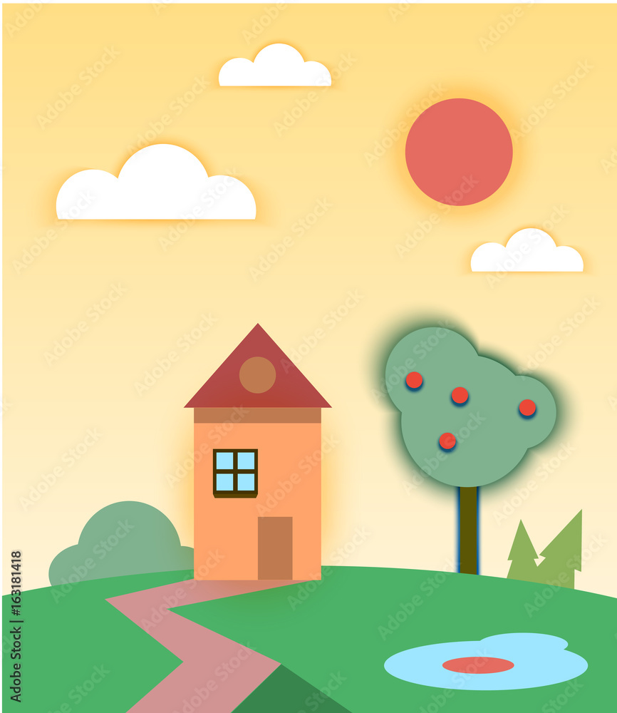 Rural summer landscape with house and tree. Vector illustration