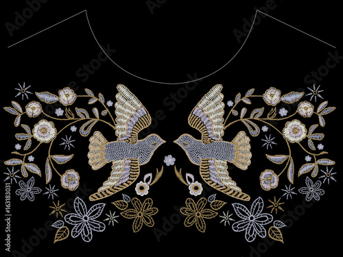 Embroidery ethnic neckline pattern with pigeons and flowers.