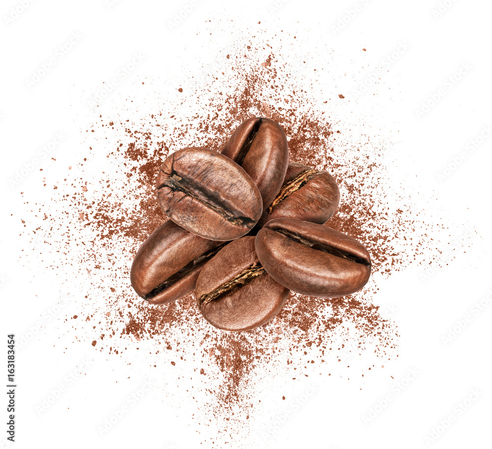 Coffee beans with ground coffee on white background