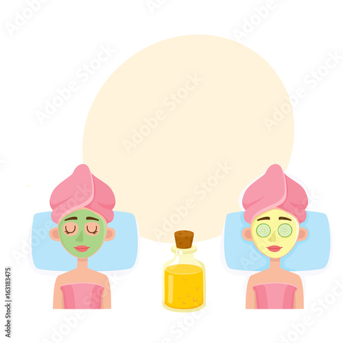 Young woman having facial mask applied by cosmetician and relaxing in spa salon, top view cartoon vector illustration with space for text. Top view picture of woman getting facial mask in spa