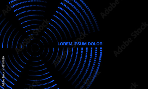 Blue Neon Rotating Propeller Banner. Twisted glowing dots on a black background. Residual trace of luminous dots.