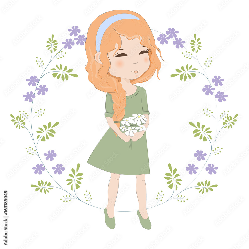 Pretty red-haired girl with a bouquet of flowers vector illustration. Beautiful woman with spit holds a bouquet of chamomiles.
Pretty red-haired girl with a bouquet of flowers vector illustration. Beautiful woman with spit holds a bouquet of chamomiles.