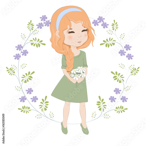 Pretty red-haired girl with a bouquet of flowers vector illustration. Beautiful woman with spit holds a bouquet of chamomiles.
