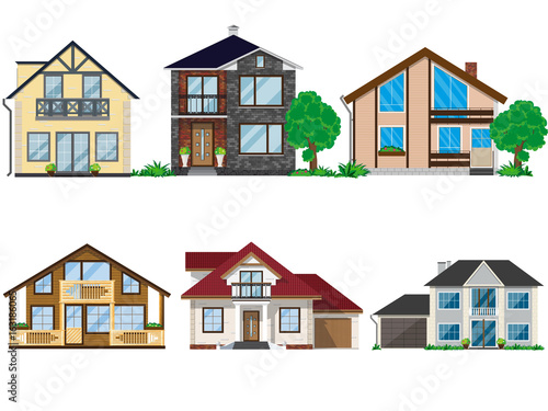 Set of illustrations of vector houses. A variety of facades of buildings in a flat style.