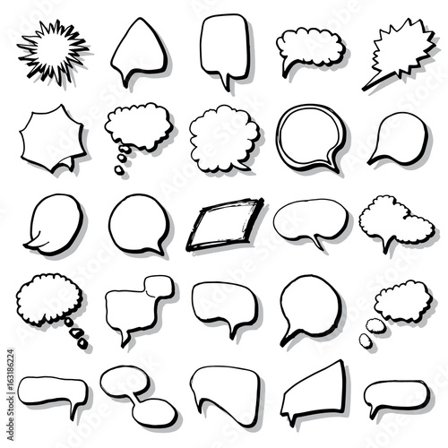 Comic book speech bubbles and cartoon sound effects set. Hand drawn pop art style signs vector illustration.