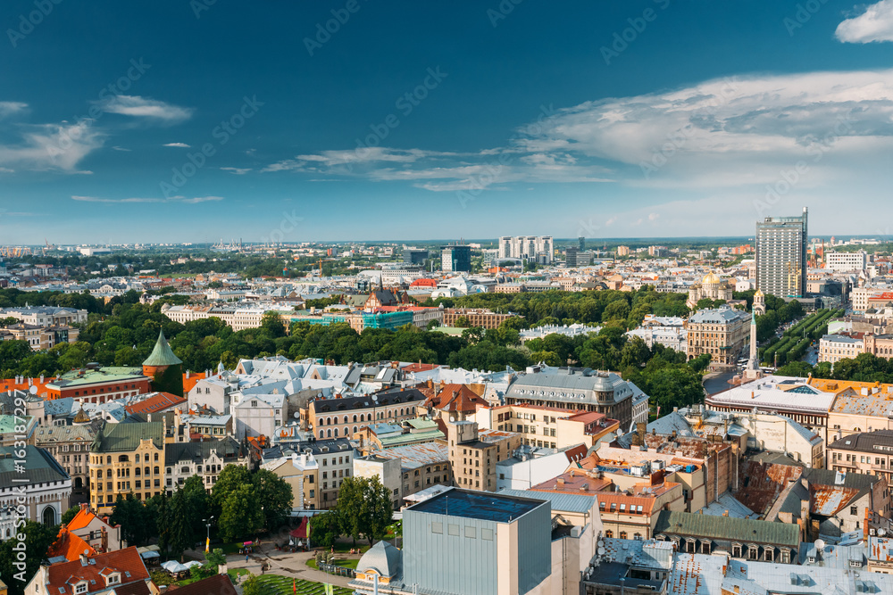 Riga, Latvia. Riga Cityscape In Sunny Summer Day. Top View Of Famous