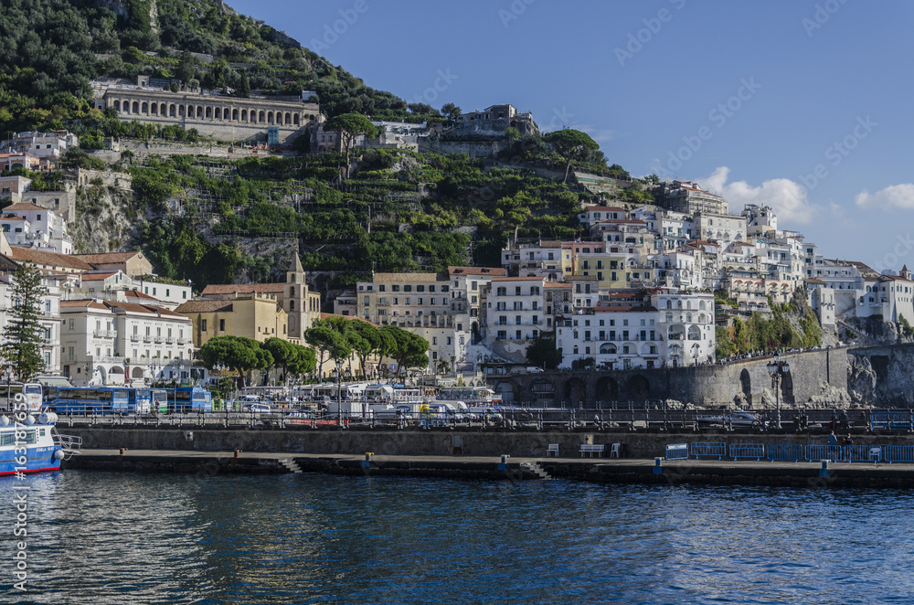 View of the village of Amalfi from the Tyrrhenian Sea