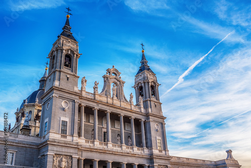 Madrid, Spain: the Cathedral of Saint Mary the Ryoal of La Almudena at sunset 
