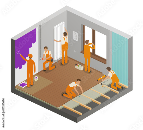 Repairing flat concept. Construction work, building, repair, interior, overhaul icon or symbol. Cartoon vector illustration