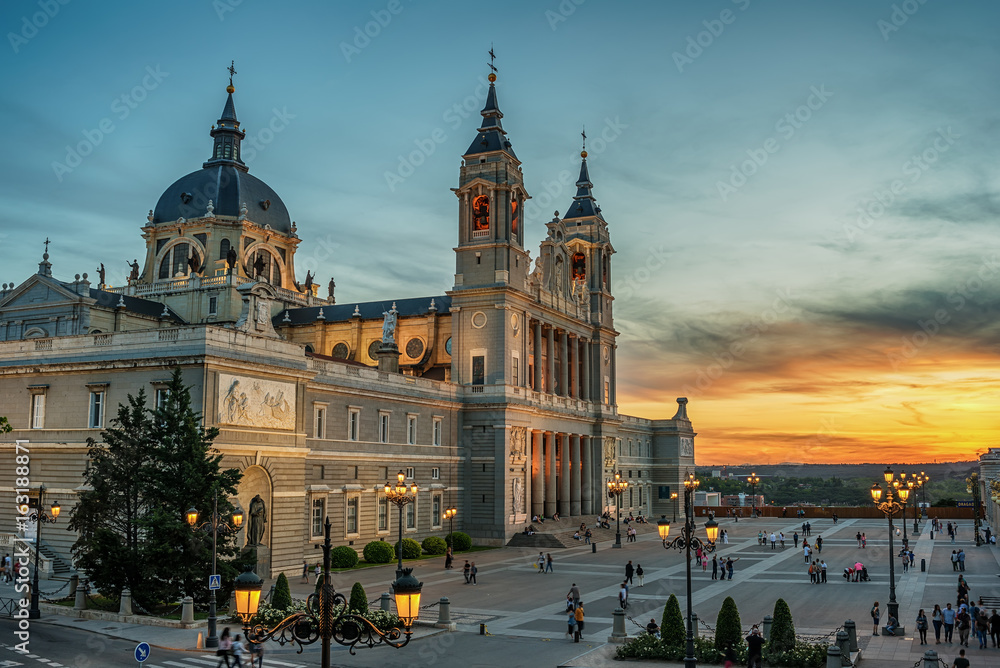 Madrid, Spain: the Cathedral of Saint Mary the Ryoal of La Almudena at sunset 
