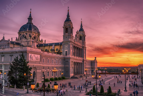Madrid, Spain: the Cathedral of Saint Mary the Ryoal of La Almudena at sunset 
 photo
