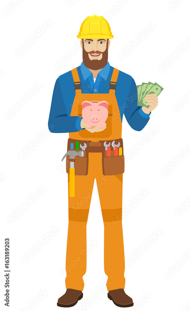 Worker with piggy bank showing cash money
