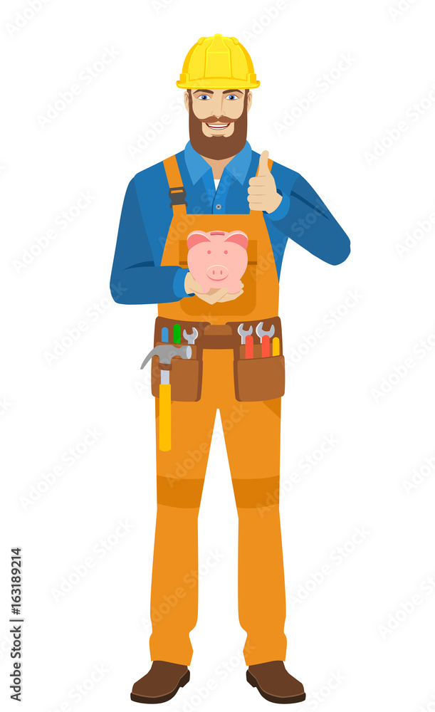 Worker with piggy bank and showing thumb up