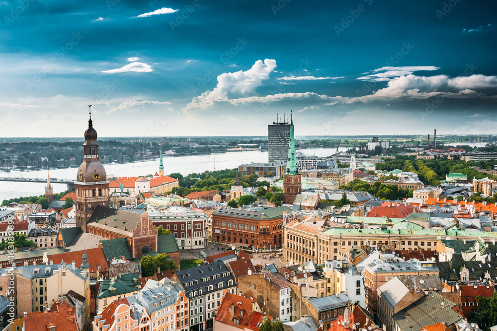 Riga, Latvia. Cityscape In Sunny Summer Day. Famous Landmarks - Riga Dome